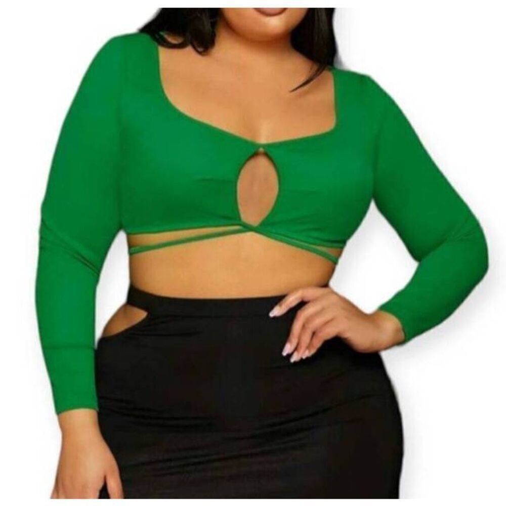 SHEIN SXY Plus Square Neck Cut Out Tie Back Crop Top Green Sz.3XL NWT.